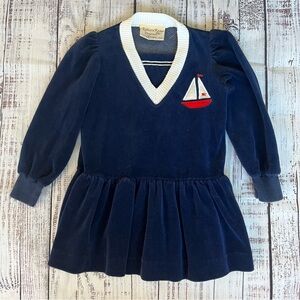 Rebecca Raggs Original navy blue velour dress sailboat appliqué pleated navy 4T